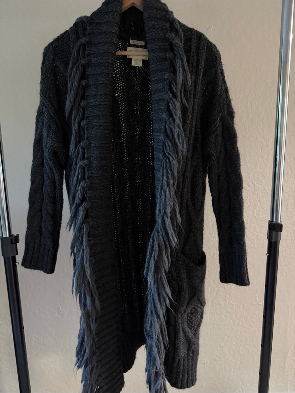 Denim & Supply Ralph Lauren Black Fringe Cable-Knit Open Cardigan Italian Yarn S